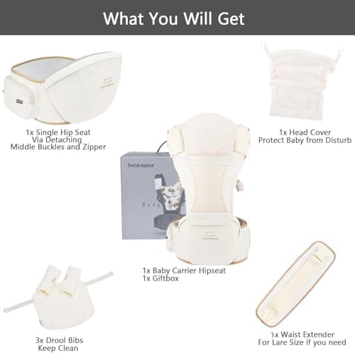 Bebamour Baby Carrier with Hip Seat, Newborn to Toddler 0–36 Months, Ergonomic Infant Carrier with Adjustable Waist Belt, Head Hood, Teething Pads & Waist Extender, Beige — view 6