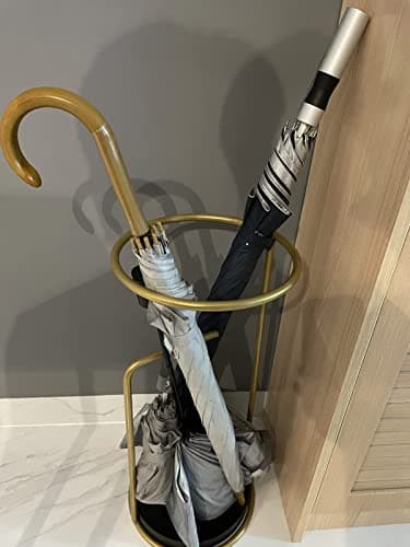 Gold Minimalist Umbrella Stand with Drip Tray & Hook Nordic Round Entry Hallway Organizer Rack for Canes Ski Poles and Golf Clubs — view 6