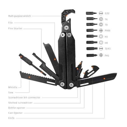 HONZIN Multitools 10 in 1 Pocket Multitool with Wrench, Can Opener, Bottle Opener, Saw, Screwdriver Set, Whistle, Fire Starter, Foldable Multi-Tool for Outdoor, Camping, Hiking, Repair, Gifts for Men — view 2