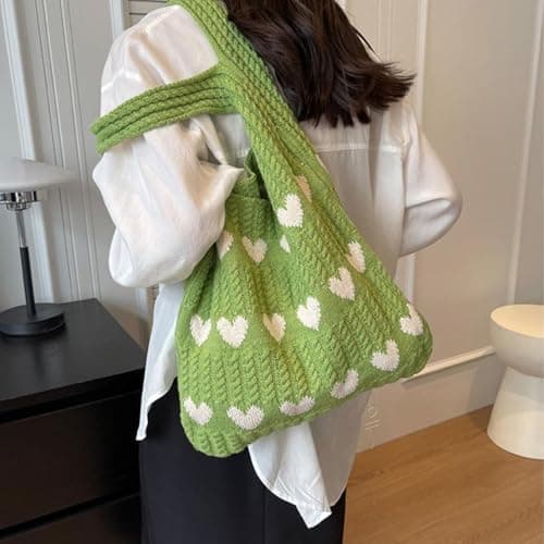 Crochet Tote Bag, Women Knitted Handbags, Mesh Beach Bag, Beach Bag for Women, Retro Crochet Mesh Beach Tote Bag, Boho Shoulder Bag for Holiday Daily Work Shopping Travel(Green+White) — view 3