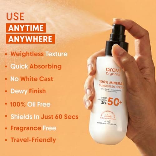 Aravi Organic 100% Mineral Sunscreen Spray SPF 50 PA++++ | Broad Spectrum UVA/UVB & Blue Light Protection | Hydrating, Lightweight & Non-Greasy | No White Cast | Water Resistant | Zinc Oxide & Titaniu — view 6