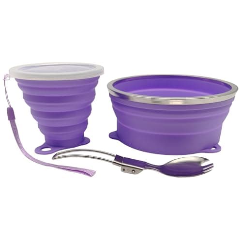 Cagelya Mess Kit for Camping Silicone Collapsible Bowl Collapsible Cup and Stainless Steel Spoon for Backpacking Outdoor Hiking Traveling and Picnic