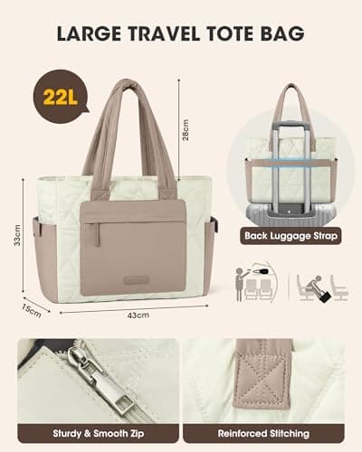 RAINSMORE 15.6 Inch Puffer Laptop Tote Bag for Women Large Quilted Cloud Bag with 15 Pockets and Luggage Sleeve Lightweight Water-Resistant Work Handbag for Teacher, Travel, Gym, School Khaki White — view 5