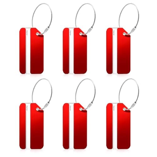 GALAMAX 6 Pcs Luggage Tags for Suitcases, Metal Luggage Labels with Steel Loop and Waterproof Name ID Card, Aluminium Bag Tags for Luggage Suitcase Identifier, Secure Travel Labels for Luggage - Red