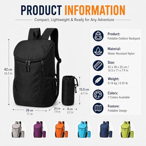 NWDEY Lightweight Foldable Backpack, Waterproof Small Rucksack with Flip Top Main Compartment, 160g Packable Casual Daypack for Men Women Kids, Perfect for Hiking Camping Travel Cycling (Black) — view 2