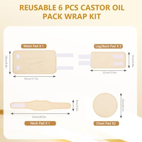 AOOWU Castor Oil Pack Wrap Kit, 6PCS Reusable Organic Cotton Castor Oil Wrap Kit, Organic Castor Oil Compression Wrap for Waist Neck Leg Knee, Machine Washable Anti Oil Leak, (Oil Not Included) — view 2
