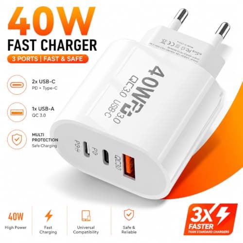 European Travel Charger Plug with 2 USB-C Ports & 1 USB-A Port – Fast Charging, Compact, Durable – Compatible with iPhone, Android, iPad, Laptop – Premium Quality — view 2