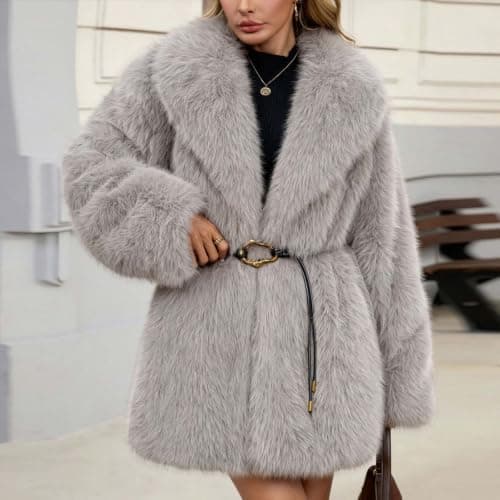 Gray Womens Faux Fur Coat Lapel Belted Warm Winter Jacket with Pockets XXL — view 6