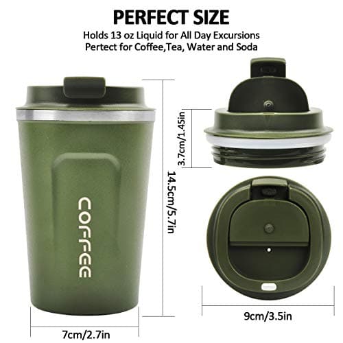 MOMSIV Coffee Cup, 380ml Vacuum Reusable Leakproof Double Wall Coffee Cup, Insulation Stainless Steel Eco-Friendly Travel Office Mug for Hot Coffee Tea and Cold Drinks (Green) — view 3