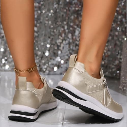 Wedge Walking Shoes for Womens Lace Up and Side Zipper Fashion Running Sneakers Comfortable Lightweight Shock Absorbing Trainers Casual Sport Cross Trainer Shoe Non-Slip Sneaker for Fitness Gold — view 3