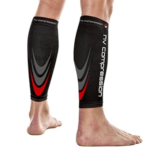 NV Compression 365 Calf Guards/Sleeves MEDIUM Red/Black (PAIR) 20-30mmHg - For Sports Recovery, Shin Splints, Medical, Work, Flight - Running, Cycling, Gym