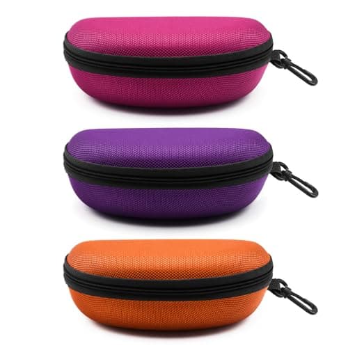 SteelFever 3pcs Sunglasses Case, Portable Travel Zipper Hard Shell Eyeglasses Case with Plastic Hook Scratch Resistant Glasses Organiser Box (Orange Rose Red Purple)