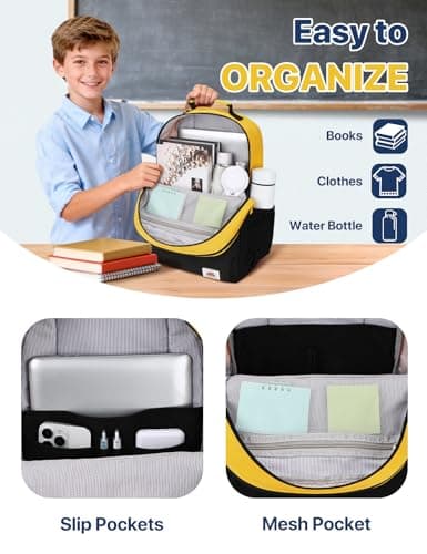 VASCHY School Bag, Lightweight Classic Cute Aesthetic Bookbag Daypack for Teen Boys Girls Traveling/Gym/Middle School Yellow Black — view 3