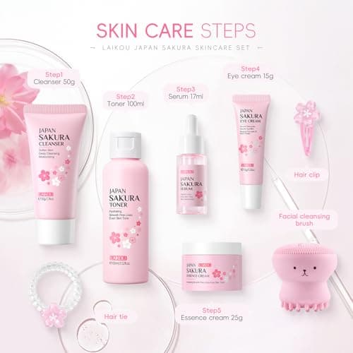 Japan Sakura kin Care Sets & Kits 8PCS-Facial Kit with Cleanser, Toner, Serum,Eye Cream,Face Moisturizer,Face Brush&Hair Clips - Hydrating Travel Beauty Gift Set for Women Teen Girls Mom (Sakura-8PCS) — view 5