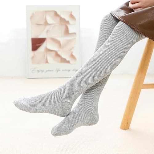 Kids Fleece Thermal Tights Baby Girls Plain Cotton Leggings with Feet Autumn Winter Thick Warm Ribbed Knitted Trousers Soft Comfort Stretchy Yoga Dance Pants (Grey, 1-3 Years) — view 6