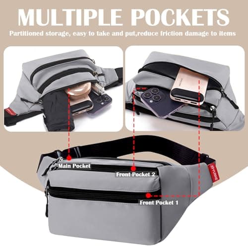 Risipu Bum Bag for Men Women, Lightweight Water-Resistant Waist Packs with Adjustable Belt & 3 Zipper Pockets, Fashionable Fanny Pack for Travel, Running, Hiking, Cycling (Grey) — view 4