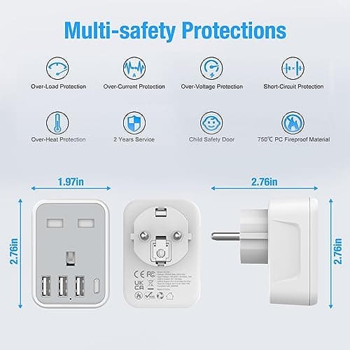 UK to European Travel Adaptor with 4 USB Ports(1 USB C), Grounded EU Euro Europe to UK Power Plug Adapter for Germany Spain France Iceland Greece Poland Netherlands Austria Turkey etc (Type E/F) — view 6
