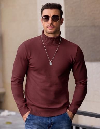 COOFANDY Men's Turtleneck Long Sleeve Jumpers Winter Deepred M — view 2