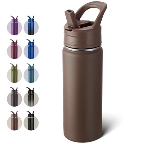 Fijinhom 18oz Insulated Stainless Steel Water Bottle with Straws, Double Wall Vacuum Insulated Bottles, Metal Thermo for Travel, Sports, Leak-Proof, BPA Free, Women & Men, Brown