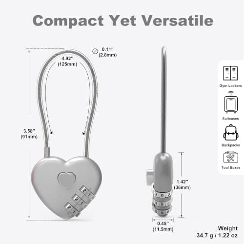 UP Security Premium Combo Lock, Combination Locks for Travel Security, Small Cable Lock for Backpack, Travel Security, Luggage, Suitcase, Bag, Anti-Theft, 3-Digit Password, No Keys (Silver+Silver) — view 3