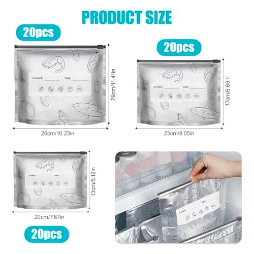 60 Pcs 3 Sizes Zipper Sealable Foil Bags,Reusable Aluminum Foil Sealable Storage Bags, Stand Up Foil Bag with Label and Zip Lock for Kitchen Vegetable Fruit Meat Storage and Freezable Food — view 2