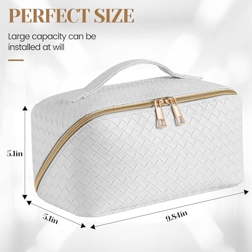 SFXULIX Large Capacity Travel Cosmetic Bag - Makeup Bag, PU Leather Waterproof Cosmetic Bag, Women Portable Travel Makeup Bag with Handle and Divider Flat Lay Makeup Organizer Bag, White — view 5