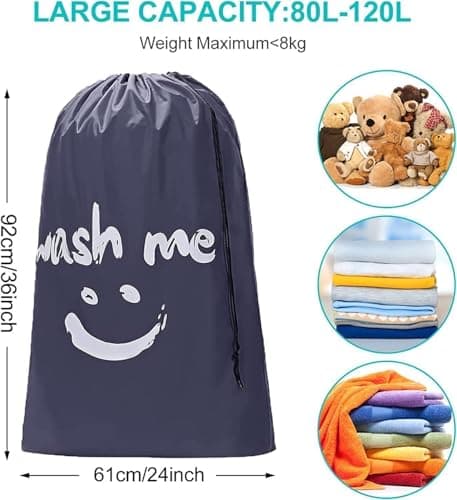CJWLKJ 2-Pack XL Travel Laundry Bags, Machine Washable Dirty Clothes Organizer, Large Enough to Hold 4 Loads of Laundry, Easy Fit a Laundry Hamper or Basket (Grey, 24" x 36") — view 3