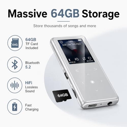 64GB MP3 Player with Bluetooth 5.2, AiMoonsa Music Player with Built-in HD Speaker， Matte Silver — view 3