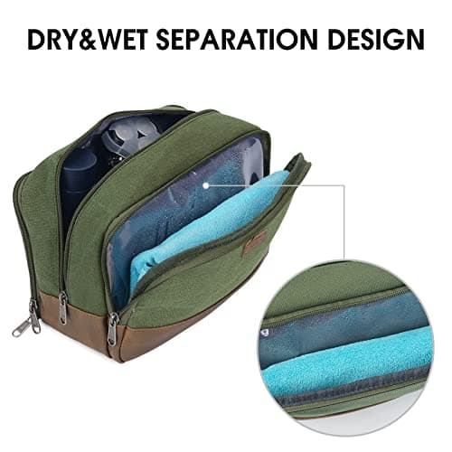 WANDF Toiletry Bag for Men, Travel Wash Bag with Handle, Water-Resistant Canvas Shaving Organiser, SBS Metal Zipper Dopp Kit for Makeup Bathroom Gym (Green) — view 4