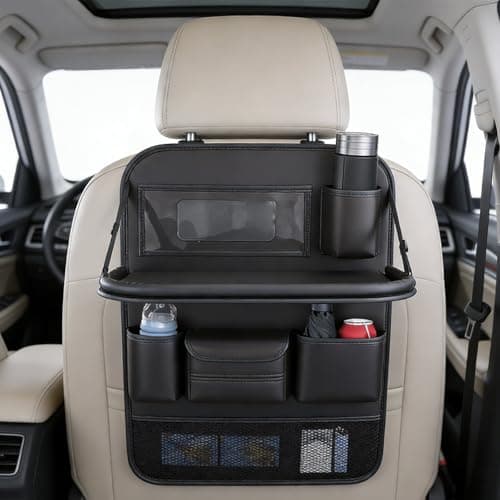 2 Pack Leather Car Backseat Organizer with Foldable Table Tray, Car Storage Organizer with Tablet Holder, Car Seat Back Protectors Kick Mats Travel Accessories, Universal Fit for Most Cars (Black) — view 5