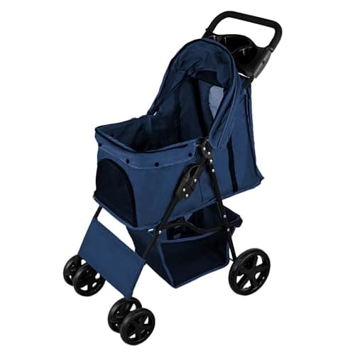 Pet Stroller Pushchair Navy Blue Carrier Foldable Trolley Travel Cart 15kg Capacity 4 Wheels Brakes Cat Dog Safety Hook Leash Cushion Canopy Mesh Windows Basket Cup Holders & Waterproof Rain Cover