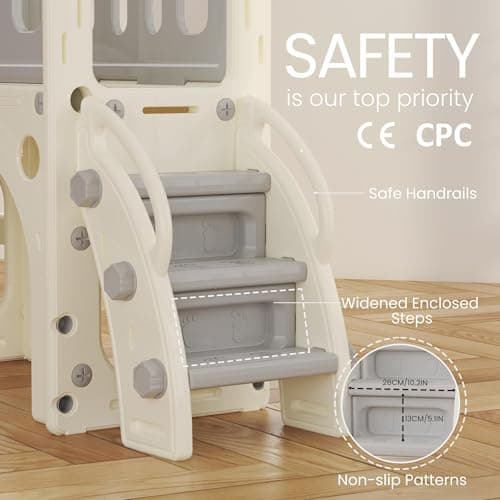 hoopyosms Toddler Slide with Climbing Ladder, Tunnel and Basketball Hoop, Indoor Outdoor Garden Slide Set for Kids, Children's Playground Toy, Montessori Play Equipment, Grey — view 5