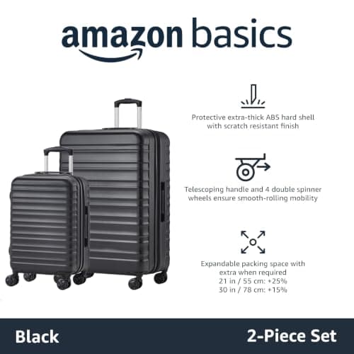 Amazon Basics Hard Shell Luggage Set (Small + Large) - Expandable ABS Travel Luggage with 4 Double Spinner Wheels - Scratch Resistant and Lightweight Construction - Black — view 2