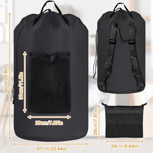 Backpack Laundry Bag, Extra Large 95L Foldable Laundry Basket with Shoulder Straps and Mesh Pocket, Portable Travel Clothes Hamper Bag for College, Travel, Laundromat, Apartment (Black) — view 2