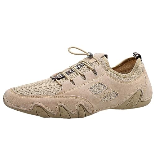 Casual Breathable Mesh Leather Sneakers for Men Walking Running Comfortable Slip On Shoes Spring Summer Autumn Daily Travel Beach, khaki, 7 UK