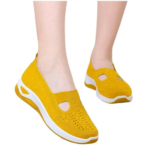 Women Orthopedic Casual Walking Shoes Breathable Soft Sole Slip On Shoes Lightweight Athletic Sneakers Size UK 4 Yellow — view 2