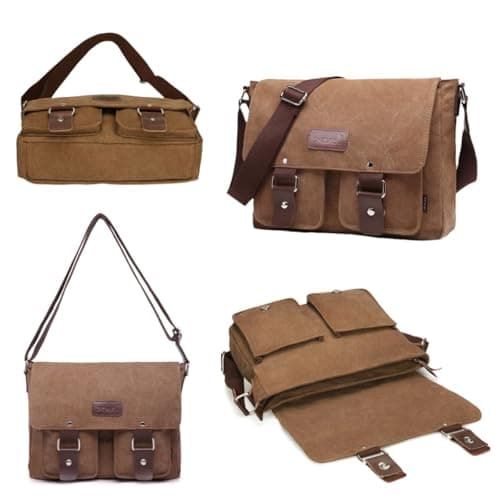 flintronic Canvas Messenger Bag, Men's Cross Body, 14 inch Laptop Bag, Vintage Satchel Briefcase, with Multiple Pockets, for School Travel Outdoor Work Daily Use — view 6