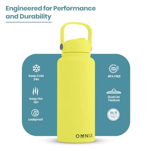 OMNIA NUTRIENTS Vacuum Insulated Stainless Steel Water Bottle, 2 Lids (Straw & Spout) Leakproof, BPA-Free, Reusable Flask Ideal for Travel and Outdoors (Mellow Yellow - 1000 ml) — view 2
