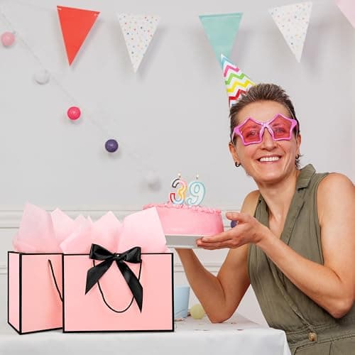 Vivantia Medium Gift Bags Set 3 Pack Pink Paper Gift Bag with Black Edge Greeting Cards Ribbons Tissue Papers Present Bags with Handles for Gift Wrapping Birthday Wedding Baby Shower — view 6