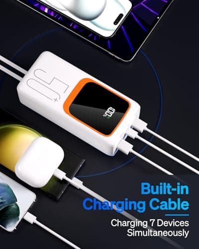 50000mAh Power Bank with Built-in Cable: 22.5W Fast Charging External Battery with Large Capacity, Portable Charger with LED Flashlight and 7 Outputs & 3 Inputs-White — view 3