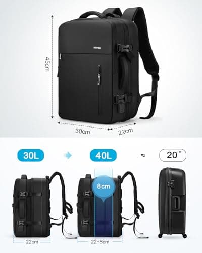HOMIEE Easyjet Cabin Bags 22-40L Expandable Travel Backpack 45x30x17 Underseat Carry On Backpack Flight Approved Hand Luggage Suitcase 15.6 Inch Laptop Rucksack Casual Daypack School Bag Black — view 4