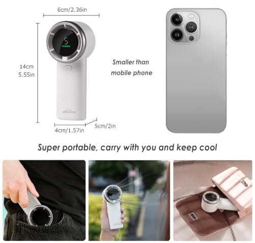 WHATOOK Handheld Fan, 2024 Powerful High Speed Cooling Turbo Mini Fan with LED Display, 5 Speeds USB Rechargeable Portable Fans, 2H Fast charging, Personal Small Stylish Travel Fan for Woman Outdoor — view 6