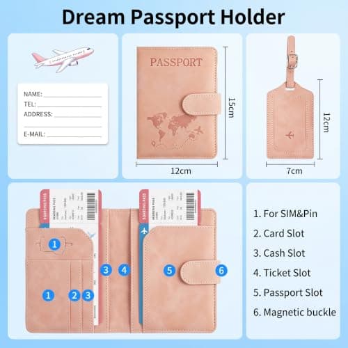 Kaaeiccr Passport Cover, RFID Blocking Travel Wallet Pink Luggage Tag Set — view 4