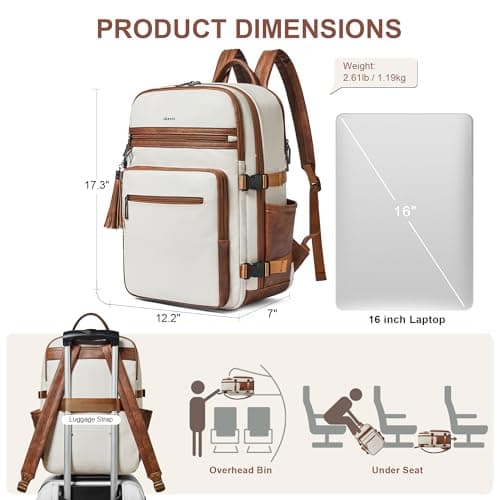 Shrrie Laptop Backpack for Women,Vegan Leather Backpack Work Computer Backpacks fits 16" Laptop,Water Resistant Teacher Nurse Casual Daypack for Weekender Camping Travel,Beige with Brown — view 5