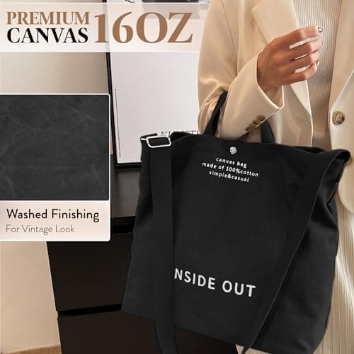 UNLOCKCUP Large Canvas Tote Bag for Women 3 Small Inside Pockets-Vintage Crossbody Handbag for Work, Beach, Travel-16oz Cotton, Black, One Size — view 5