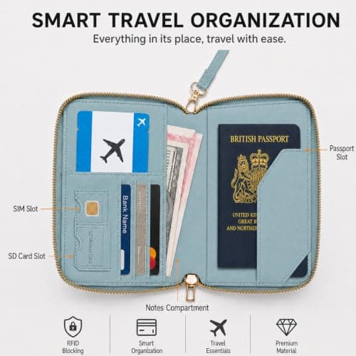 ILIYAH RFID Passport Wallet Holder - PU Leather Travel Document Organiser with Zipper Wrist Strap Card Coin SIM Slots for Men Women Family Trips (Blue) — view 3