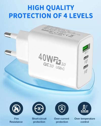 EU plug travel adapter charger, European wall adapter with 2 USB-C fast charging ports and 1 USB-A port, European universal fast charger compatible with iPhone and Samsung — view 6