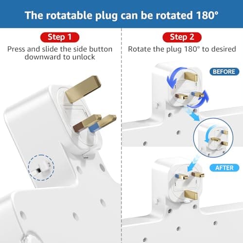 SUPHOST Plug Extension Socket, 4 Way Plug Adapter with 180 Degree Rotating UK Plug, 13A Fused Multi Plug Adaptor with 4 Independent Switches, Wall Socket Extension for Home Office Kitchen — view 2