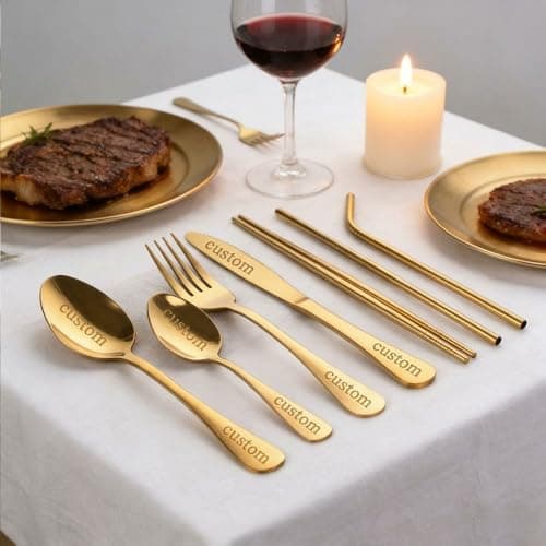 Personalised Engraved Cutlery Set | Custom Adult Cutlery Set | 9-Piece Stainless Steel Utensils | Knife, Fork, Spoons, Chopsticks & Straws | Portable Travel Case with Engraved Logo/Text (Gold) — view 5