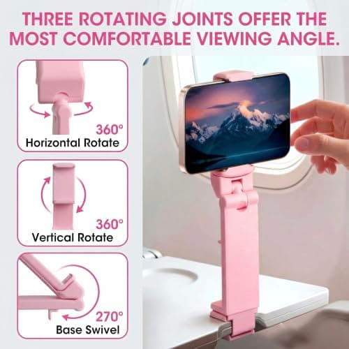 Sella Products Universal Airplane Phone Holder Mount – 360° Rotating, Foldable & Hands-Free – Fits iPhone, Samsung & All Smartphones 2.2"–3.7" Wide – Clips to Tray Table & Desk – Pink — view 3